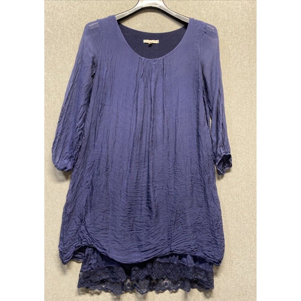 Prontomoda Giusy Womens Silk Layered Tunic Dress Size Large Navy Lace Trim